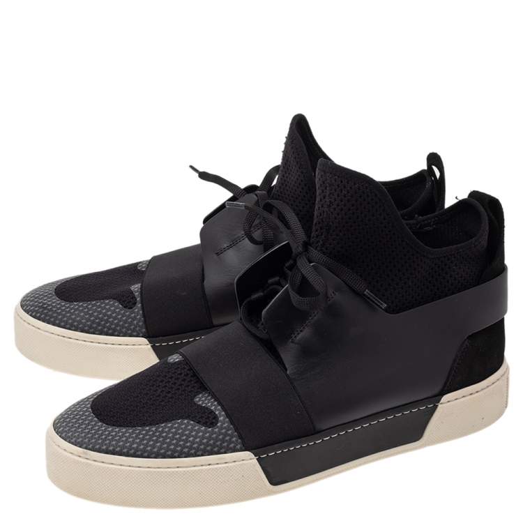 Pre Owned Balenciaga Black Knit Fabric And Leather Mid Top Sneakers Size 43