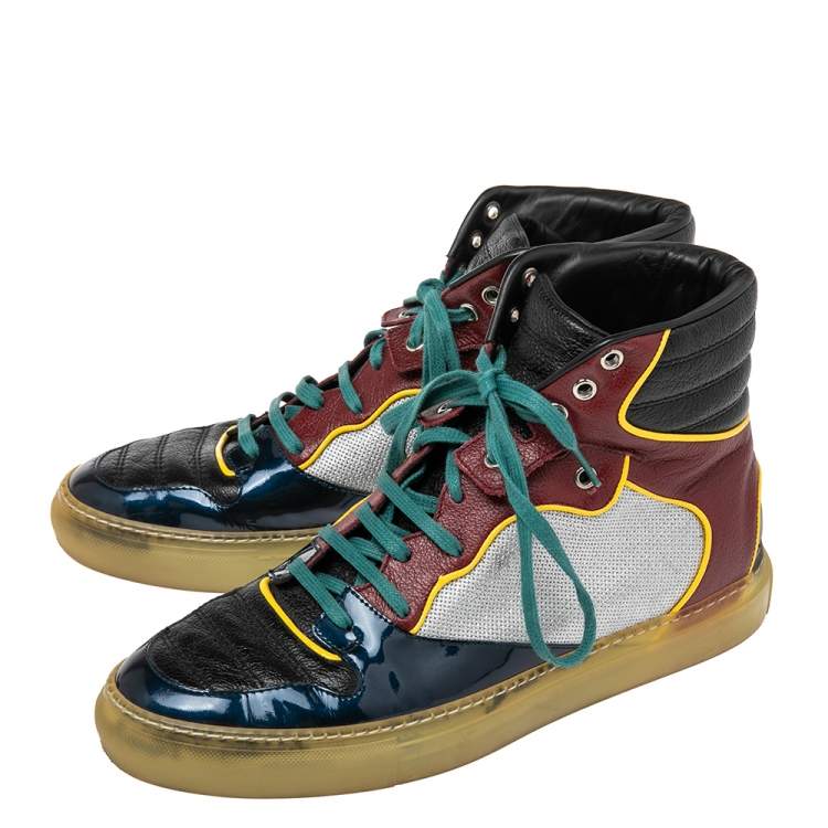 Pre Owned Balenciaga Multicolor Leather And Patent High Top Sneakers Size 41