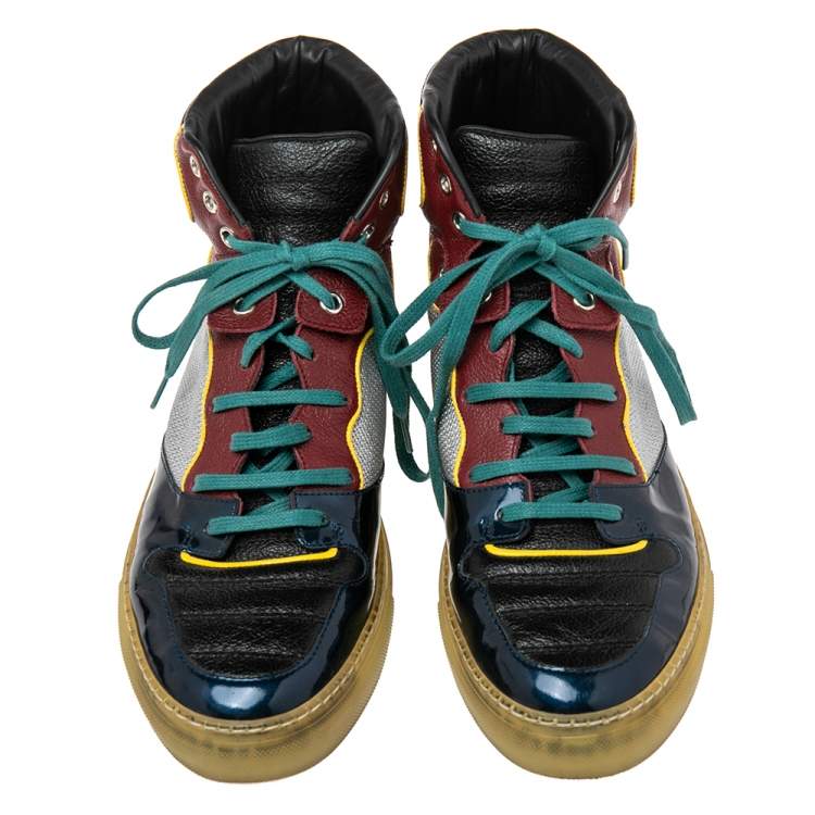 Pre Owned Balenciaga Multicolor Leather And Patent High Top Sneakers Size 41