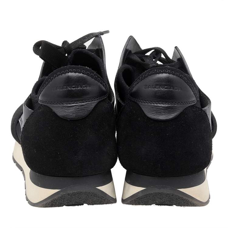 Pre Owned Balenciaga Black Mesh And Leather Race Runner Low Top Sneakers Size 42
