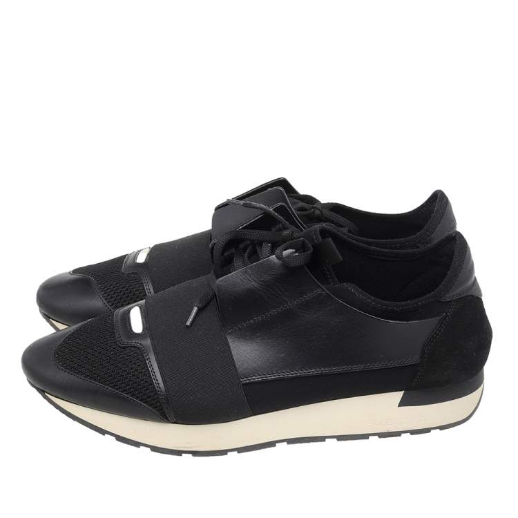 Pre Owned Balenciaga Black Mesh And Leather Race Runner Low Top Sneakers Size 42