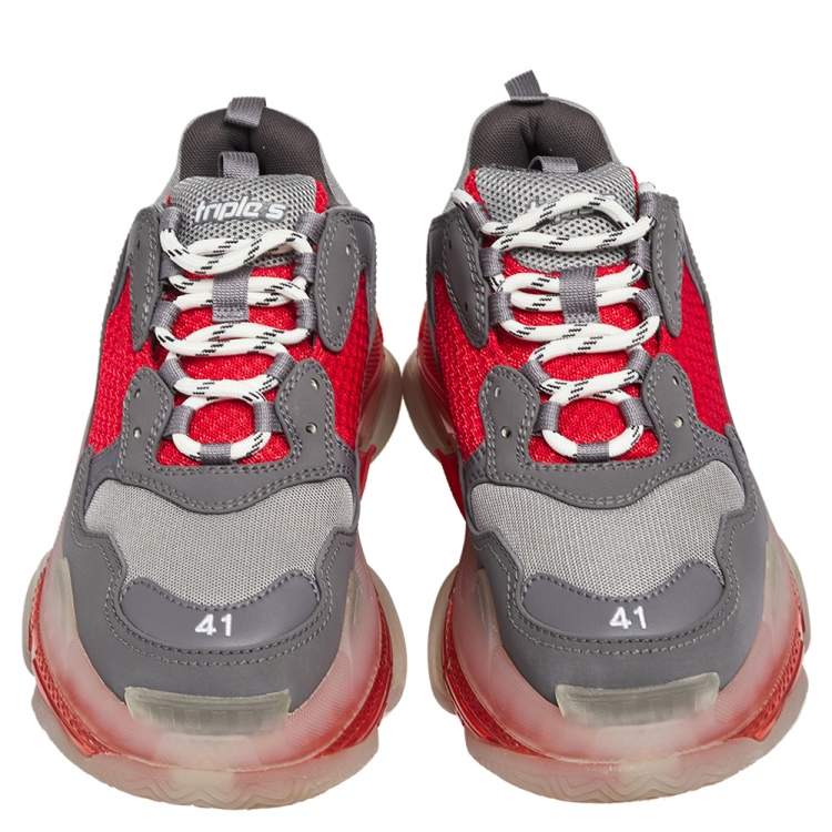 مملوكة مسبقًا Balenciaga Grey/Red Leather And Mesh Triple S Low Top Sneakers Size 41