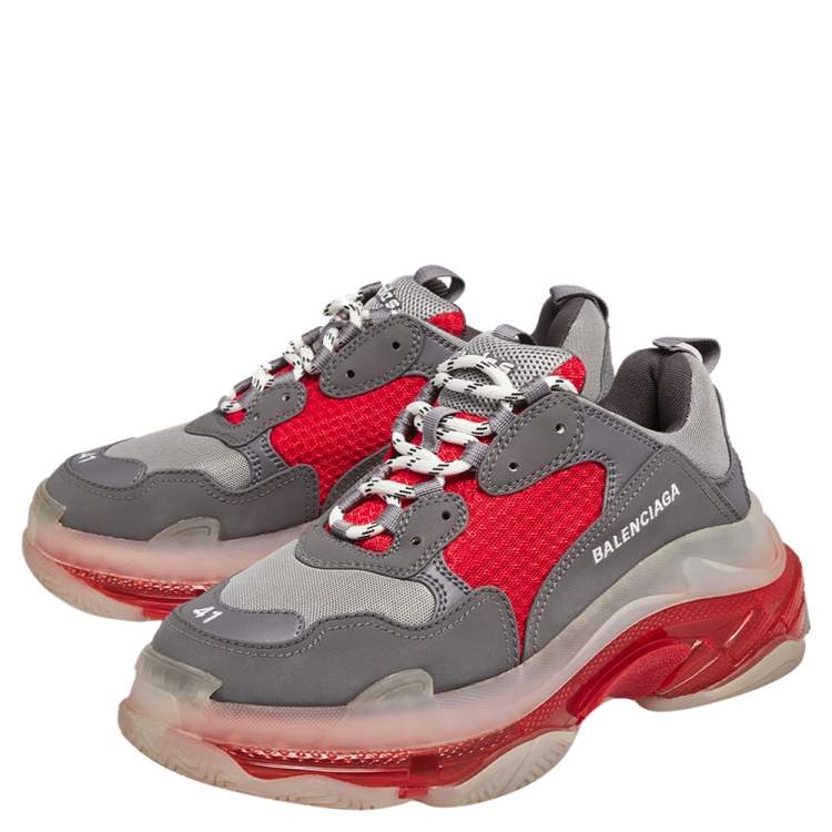 مملوكة مسبقًا Balenciaga Grey/Red Leather And Mesh Triple S Low Top Sneakers Size 41