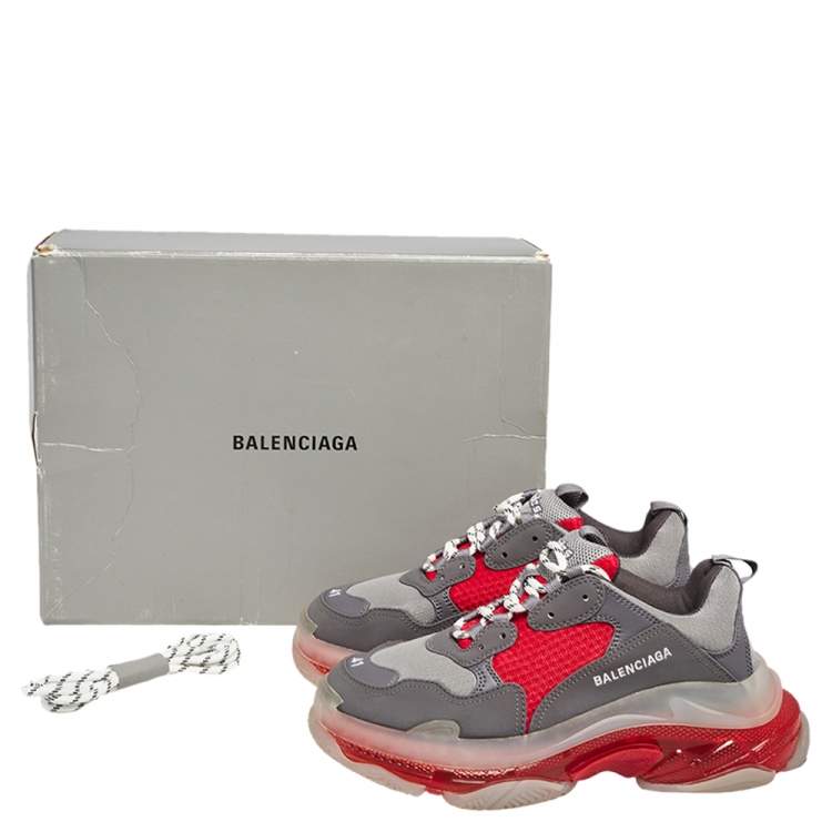 مملوكة مسبقًا Balenciaga Grey/Red Leather And Mesh Triple S Low Top Sneakers Size 41