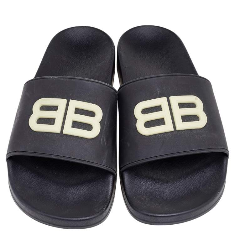 Pre Owned Balenciaga Black Rubber BB Logo Slide Sandals Size 45