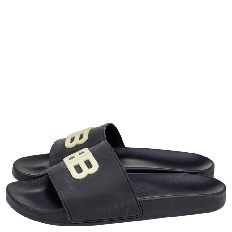 Pre Owned Balenciaga Black Rubber BB Logo Slide Sandals Size 45