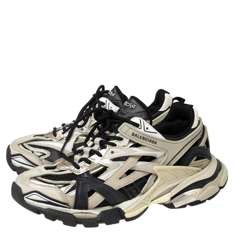 Pre Owned Balenciaga Beige/Black Leather and Mesh Track 2 Open Sneakers Size 41
