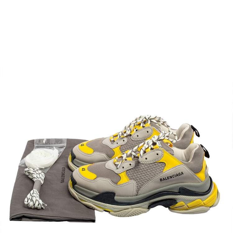 Pre Owned Balenciaga Grey/Yellow Leather, Mesh and Nubuck Triple S Trainer Sneakers Size 43