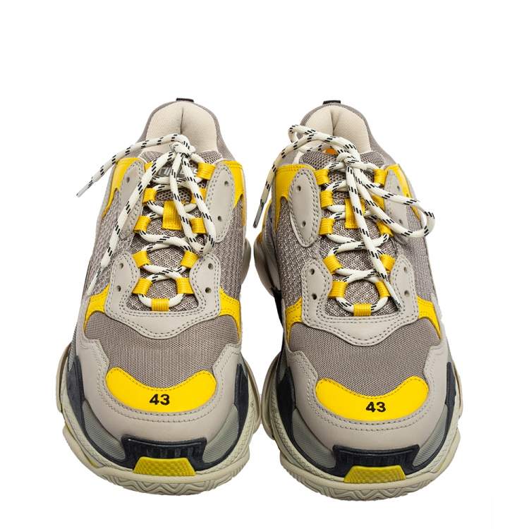 Pre Owned Balenciaga Grey/Yellow Leather, Mesh and Nubuck Triple S Trainer Sneakers Size 43