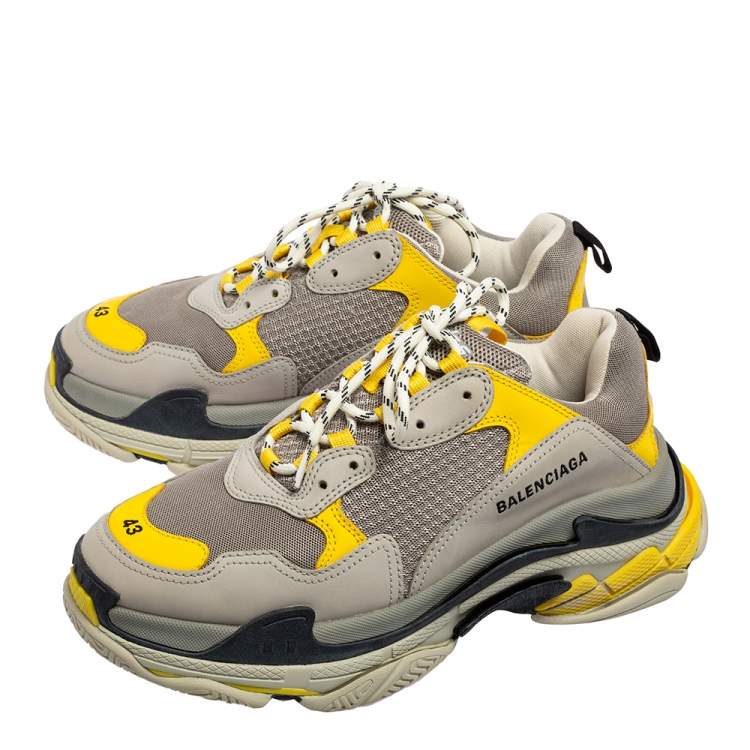 Pre Owned Balenciaga Grey/Yellow Leather, Mesh and Nubuck Triple S Trainer Sneakers Size 43