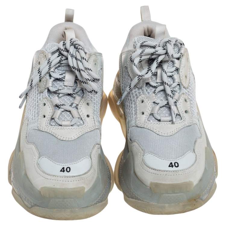 Pre Owned Balenciaga Grey Mesh, Suede and Leather Triple S Sneakers Size 40