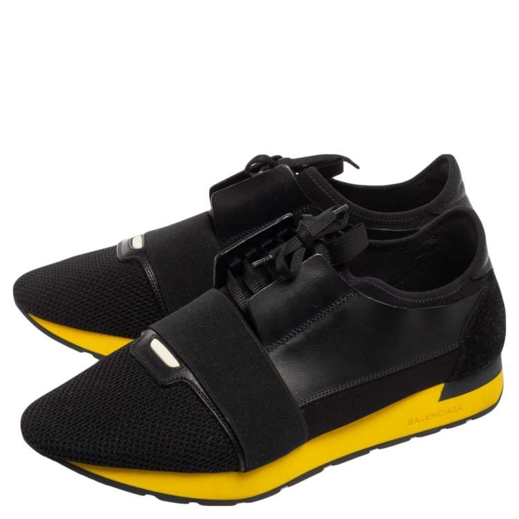 Pre Owned Balenciaga Black Mesh And Leather Race Runner Low Top Sneakers Size 45