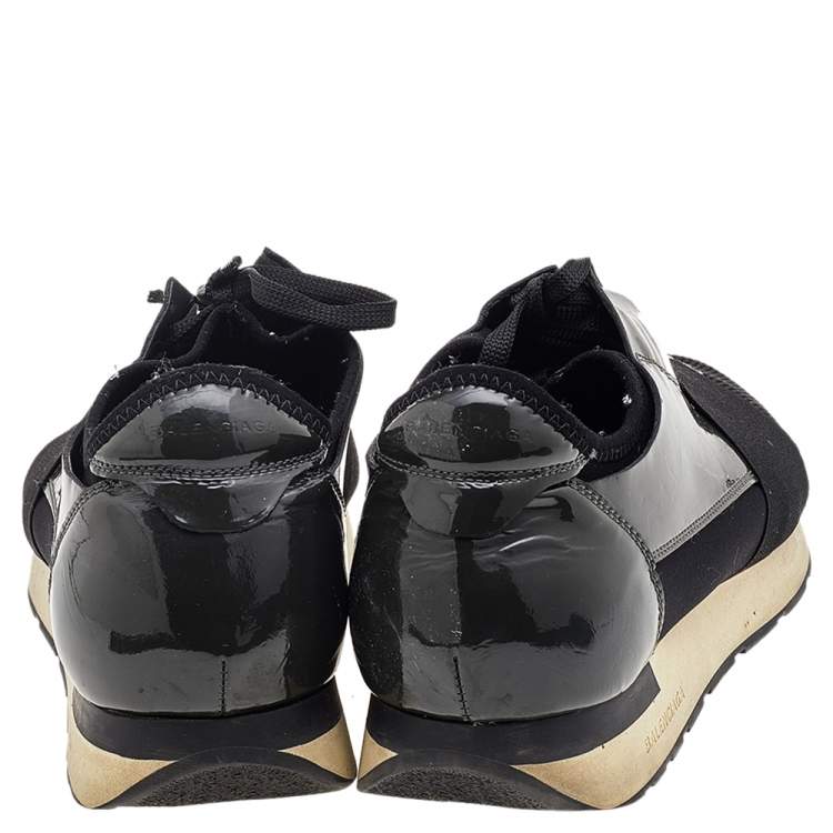 Pre Owned Balenciaga Black/Olive Green Patent Leather And Mesh Race Runner Low Top Sneakers Size 41