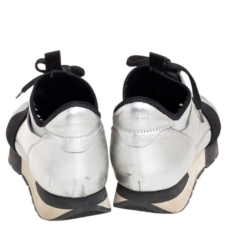 Pre Owned Balenciaga Silver/Grey Leather And Fabric Race Runner Sneakers Size 39