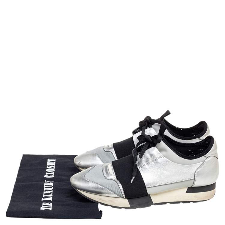 Pre Owned Balenciaga Silver/Grey Leather And Fabric Race Runner Sneakers Size 39