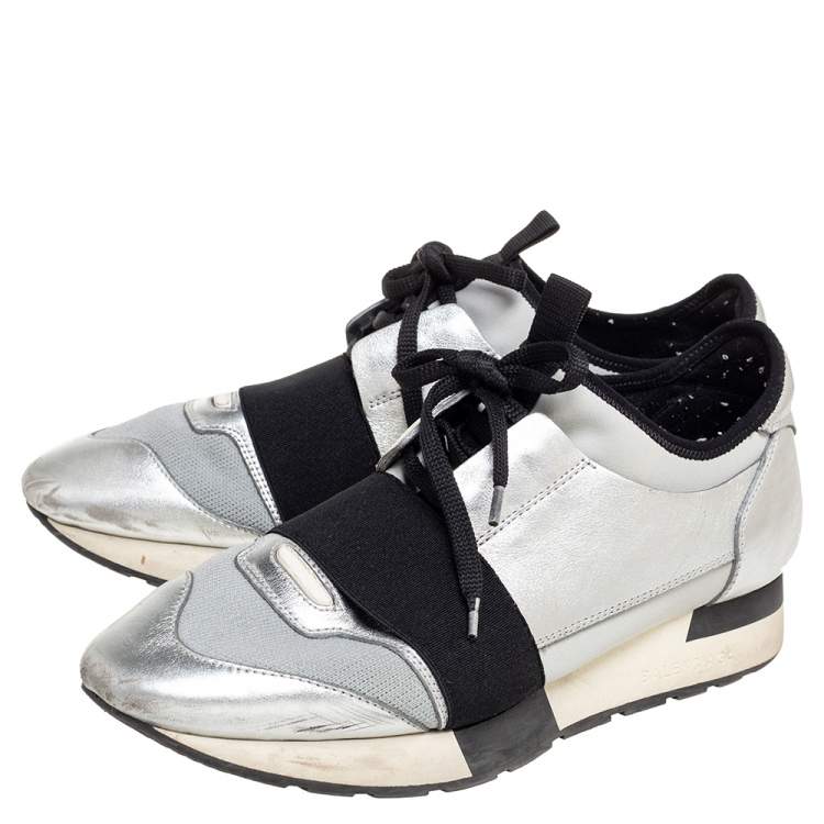 Pre Owned Balenciaga Silver/Grey Leather And Fabric Race Runner Sneakers Size 39