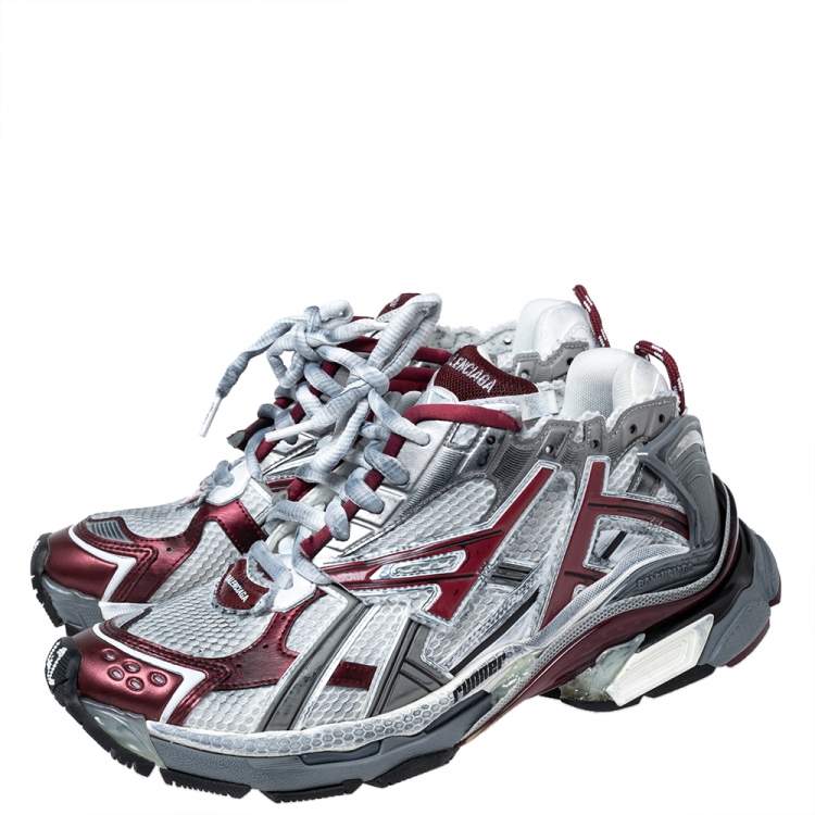 Pre Owned Balenciaga White/Burgundy Mesh And Synthetic Leather Runner Low Top Sneakers Size 42