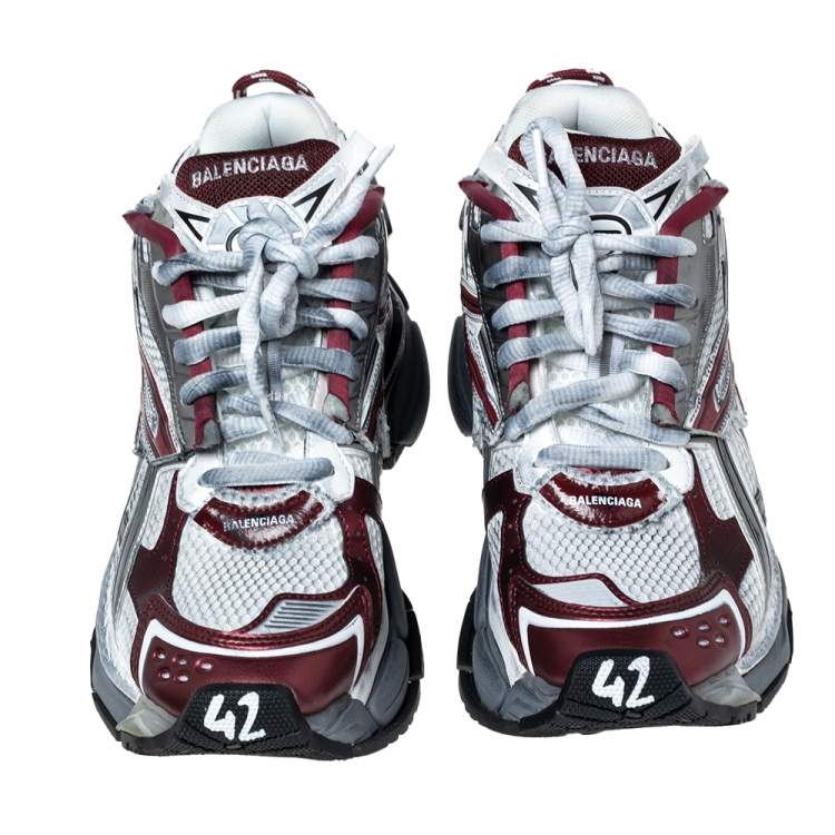 Pre Owned Balenciaga White/Burgundy Mesh And Synthetic Leather Runner Low Top Sneakers Size 42