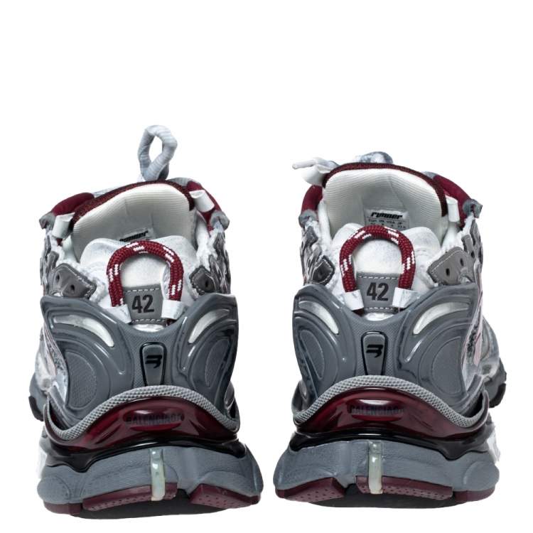 Pre Owned Balenciaga White/Burgundy Mesh And Synthetic Leather Runner Low Top Sneakers Size 42