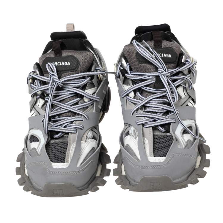 Pre Owned Balenciaga Grey/Black Leather And Fabric Track Sneakers Size 43
