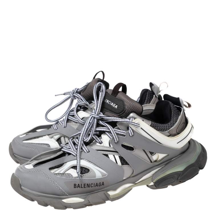 Pre Owned Balenciaga Grey/Black Leather And Fabric Track Sneakers Size 43