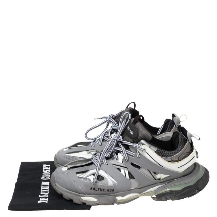 Pre Owned Balenciaga Grey/Black Leather And Fabric Track Sneakers Size 43