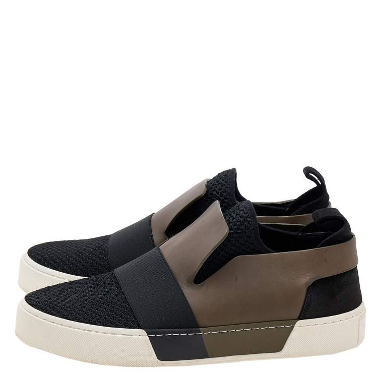 Pre Owned Balenciaga Black/Khaki Leather/Suede, and Knit Fabric Slip On Sneakers Size 43