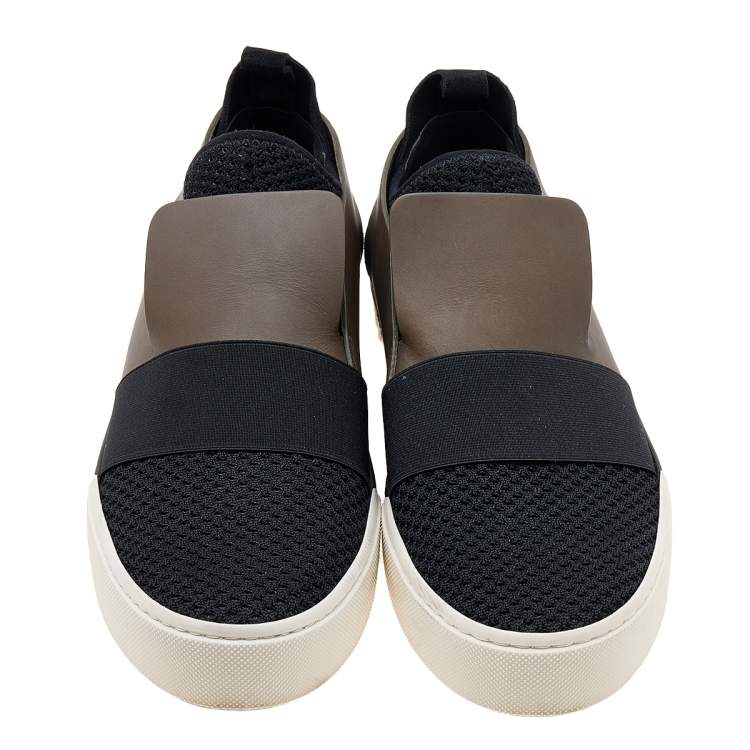 Pre Owned Balenciaga Black/Khaki Leather/Suede, and Knit Fabric Slip On Sneakers Size 43
