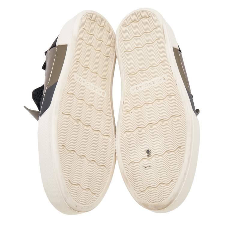 Pre Owned Balenciaga Black/Khaki Leather/Suede, and Knit Fabric Slip On Sneakers Size 43