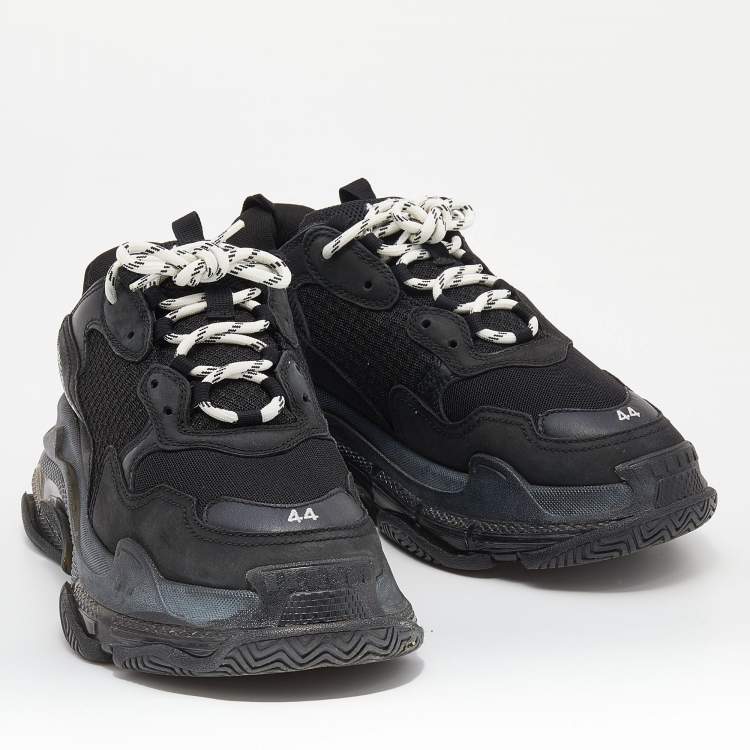 Pre Owned Balenciaga Black Mesh and Leather Triple S Sneakers Size 44