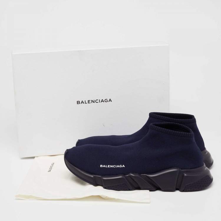 Pre Owned Balenciaga Navy Blue Knit Fabric Speed Trainers High Top Sneakers Size 44