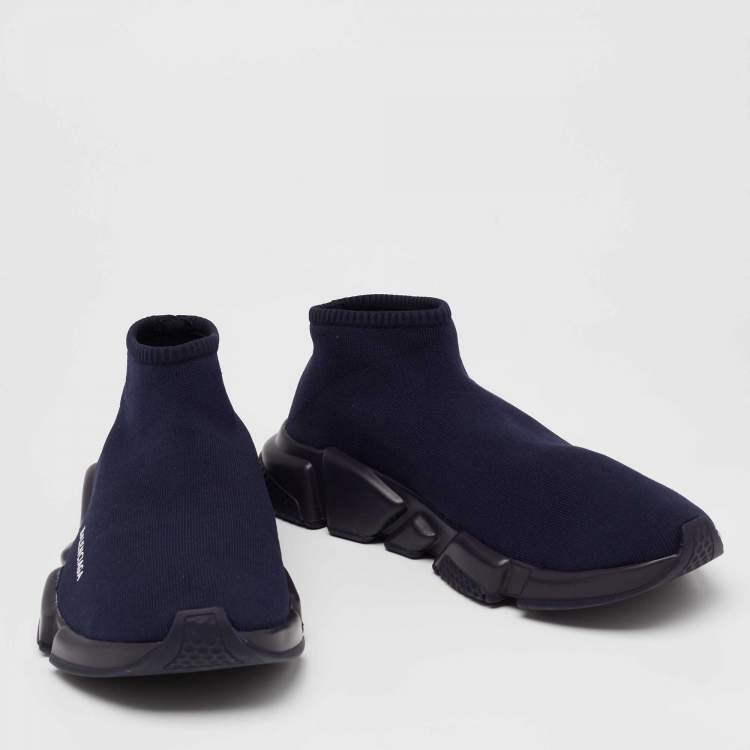 Pre Owned Balenciaga Navy Blue Knit Fabric Speed Trainers High Top Sneakers Size 44