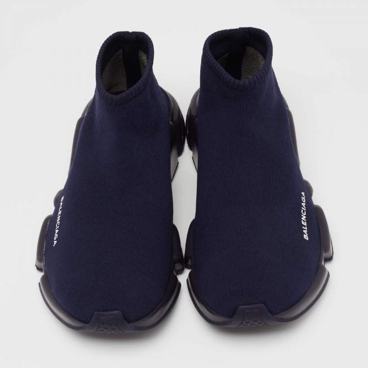 Pre Owned Balenciaga Navy Blue Knit Fabric Speed Trainers High Top Sneakers Size 44