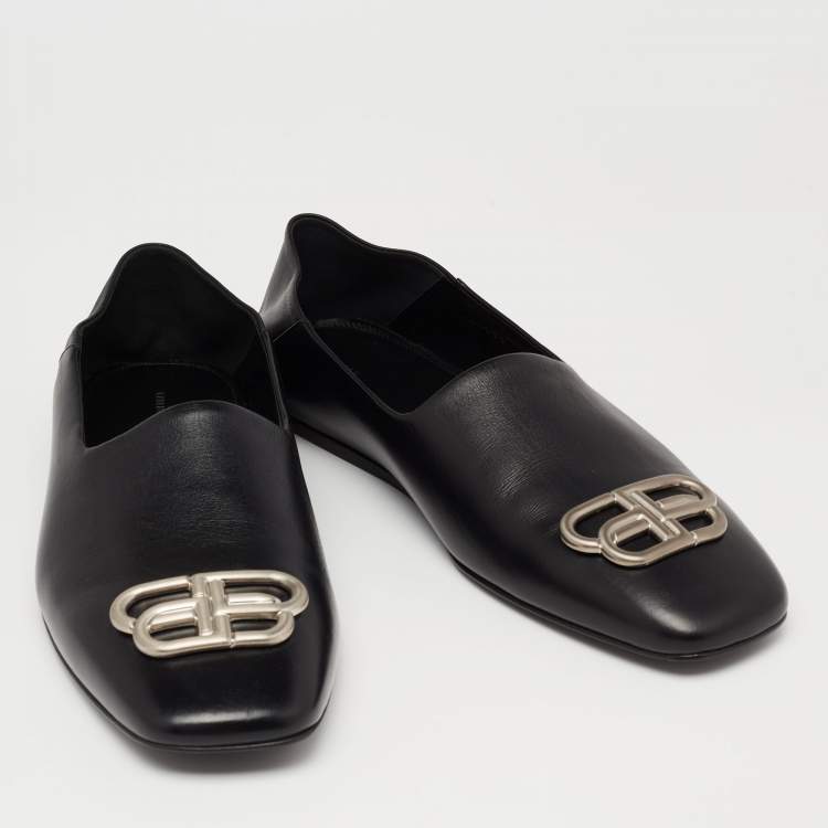 Pre Owned Balenciaga Black Leather Cosy BB Slip On Smoking Slippers Size 42 