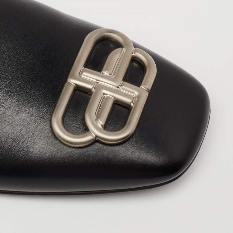 Pre Owned Balenciaga Black Leather Cosy BB Slip On Smoking Slippers Size 42 