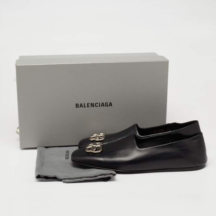 Pre Owned Balenciaga Black Leather Cosy BB Slip On Smoking Slippers Size 42 