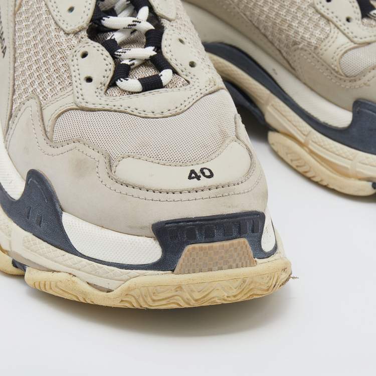 Pre Owned Balenciaga Beige/Black Leather And Mesh Triple S Trainer Sneakers Size 40