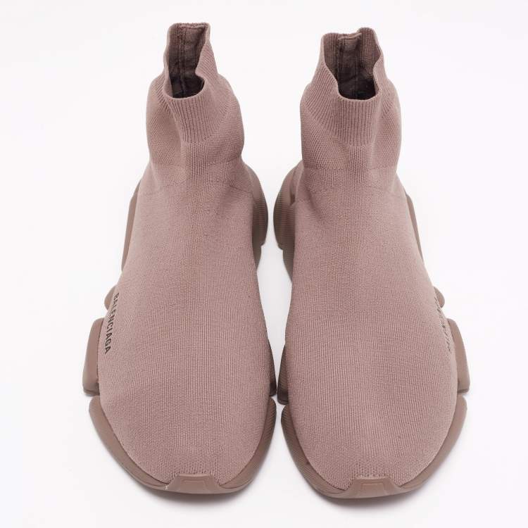 مملوكة مسبقًا Balenciaga Light Brown Knit Fabric Speed Trainer High-Top Sneakers Size 45