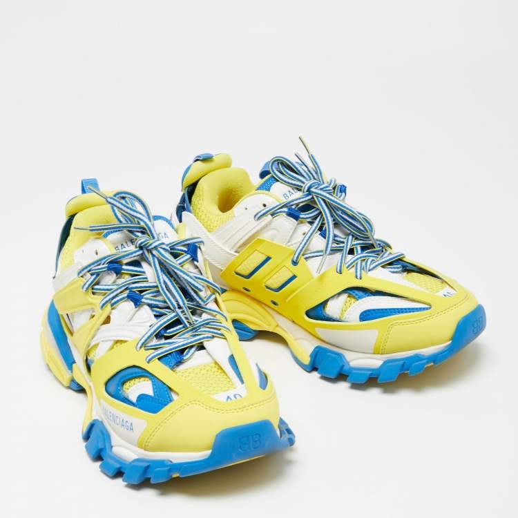 Pre Owned Balenciaga Yellow/Blue Mesh and Leather Track Low-Top Sneakers Size 40