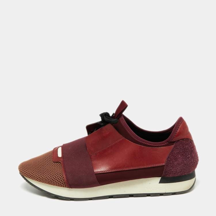 مملوكة مسبقًا Balenciaga Burgundy/Brown Fabric And Leather Race Runner Sneakers Size 44