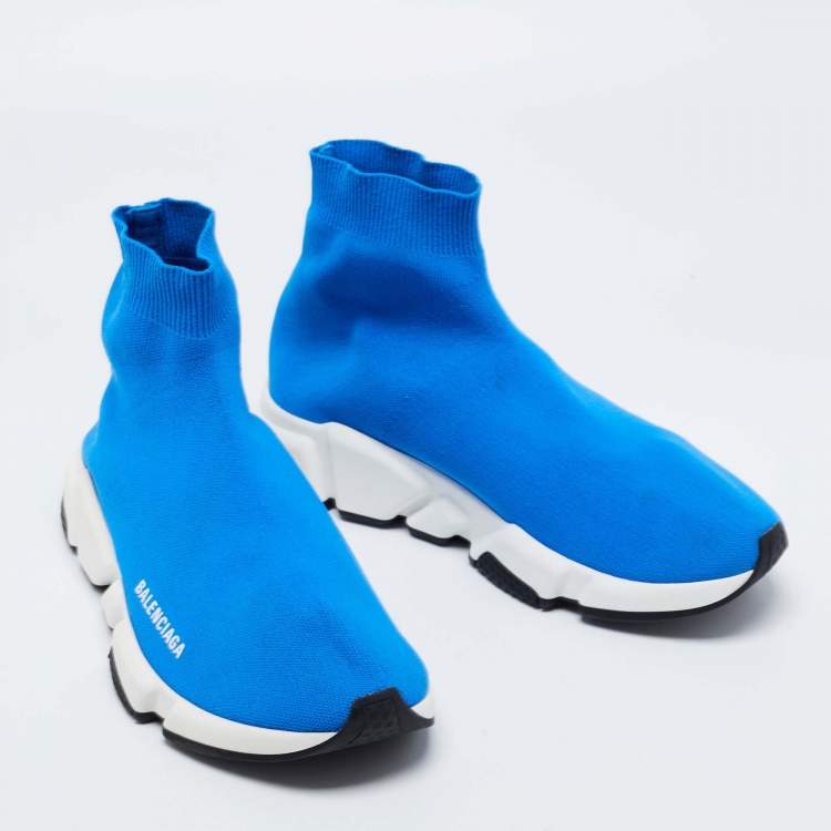 مملوكة مسبقًا Balenciaga Blue Knit Fabric Speed Trainer High Top Sneakers Size 41