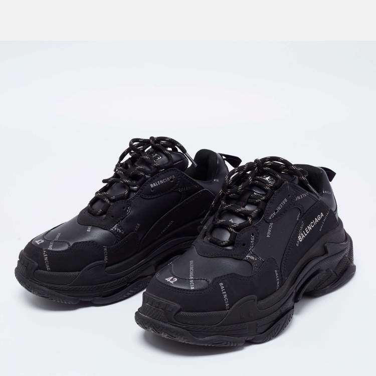 Balenciaga Black Logo Print Leather Triple S Sneakers Size 42