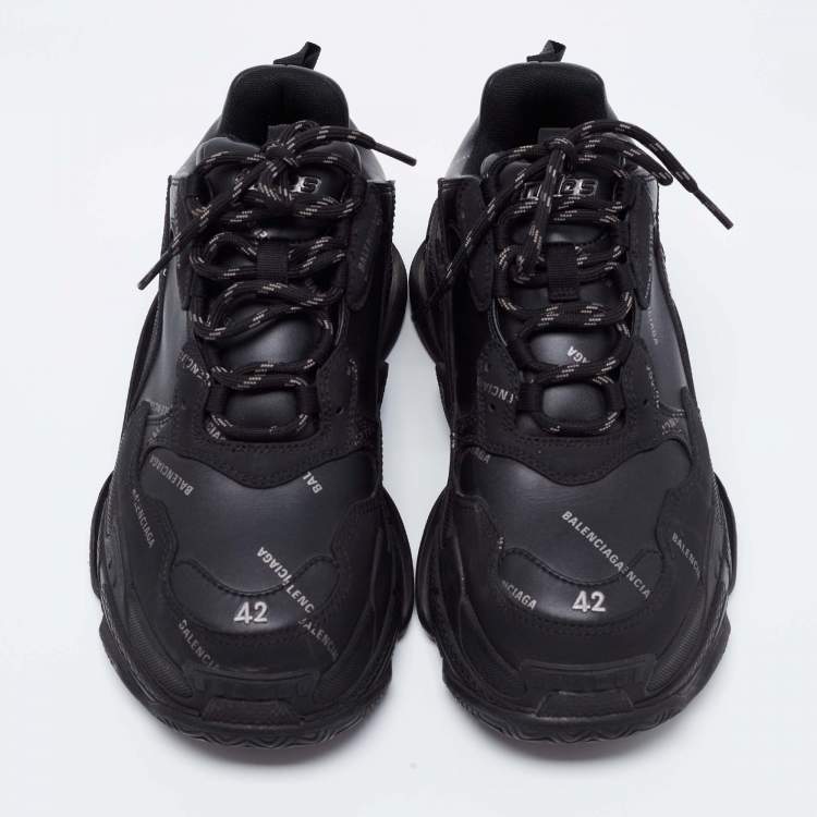 Pre Owned Balenciaga Black Logo Print Leather Triple S Sneakers Size 42