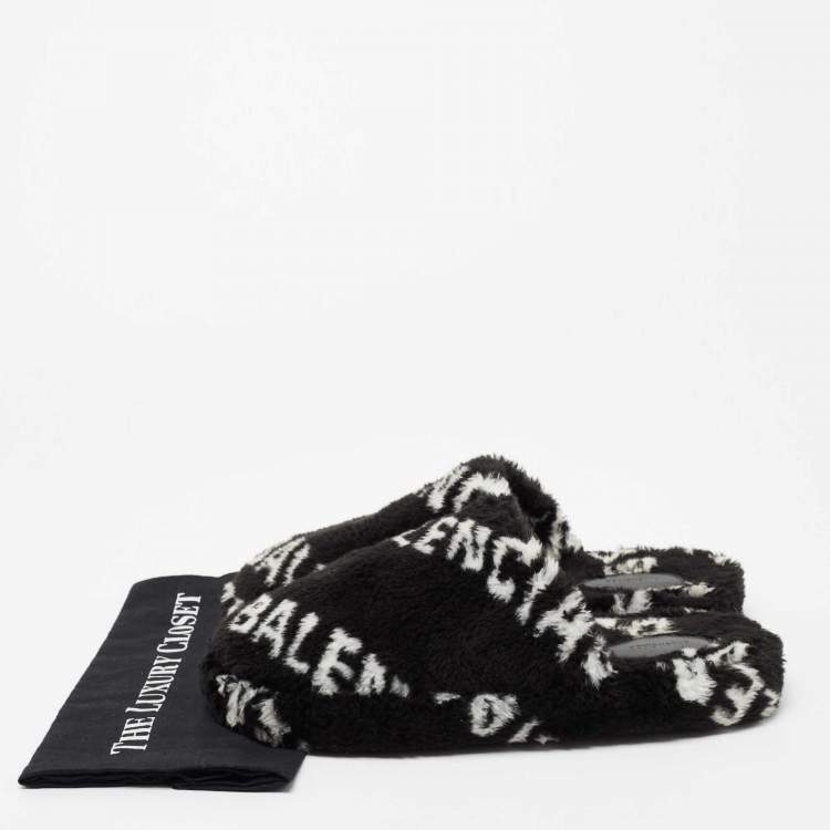 Pre Owned Balenciaga Black/White Logo Faux Fur Flat Mules Size 42