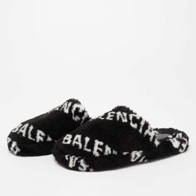 Pre Owned Balenciaga Black/White Logo Faux Fur Flat Mules Size 42