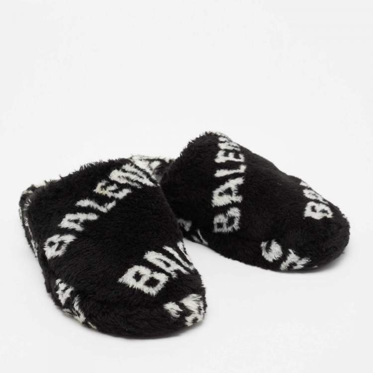 Pre Owned Balenciaga Black/White Logo Faux Fur Flat Mules Size 42