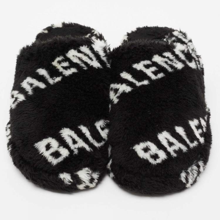 Pre Owned Balenciaga Black/White Logo Faux Fur Flat Mules Size 42