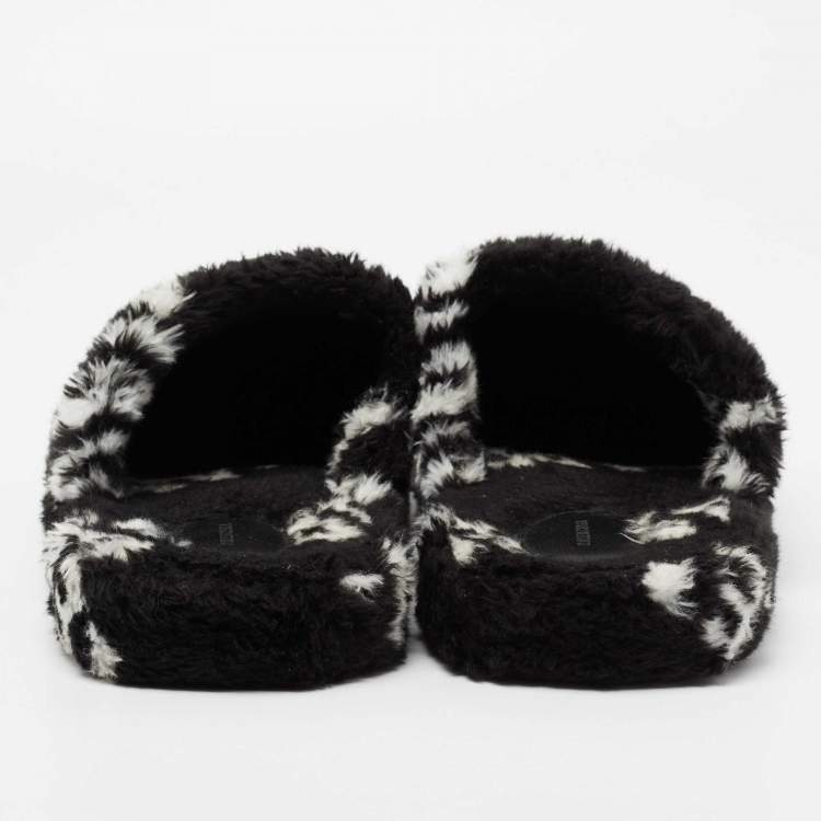 Pre Owned Balenciaga Black/White Logo Faux Fur Flat Mules Size 42