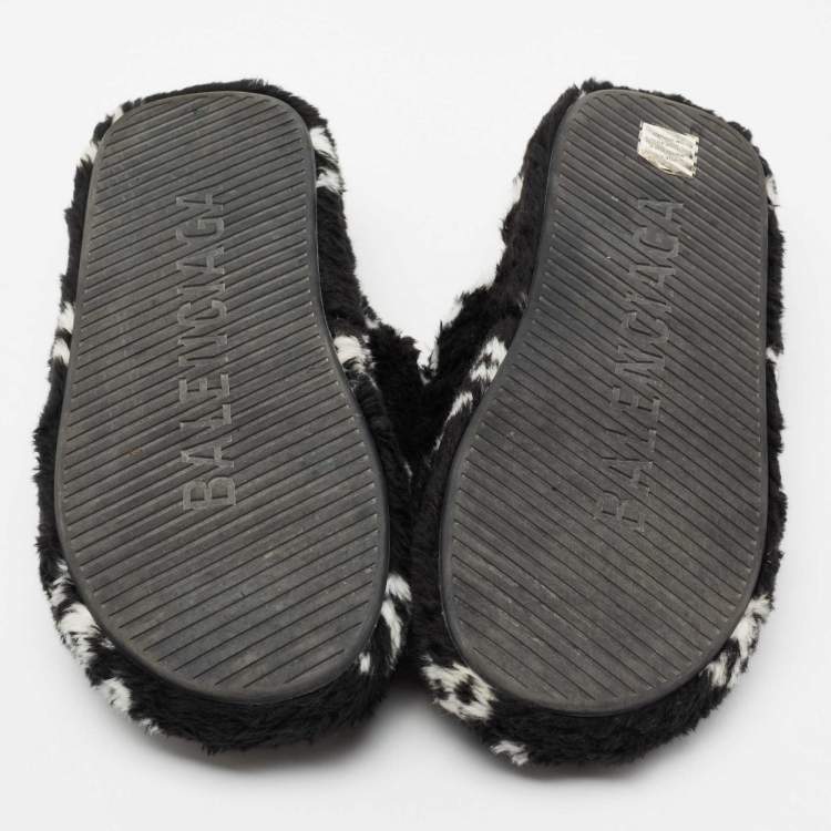 Pre Owned Balenciaga Black/White Logo Faux Fur Flat Mules Size 42