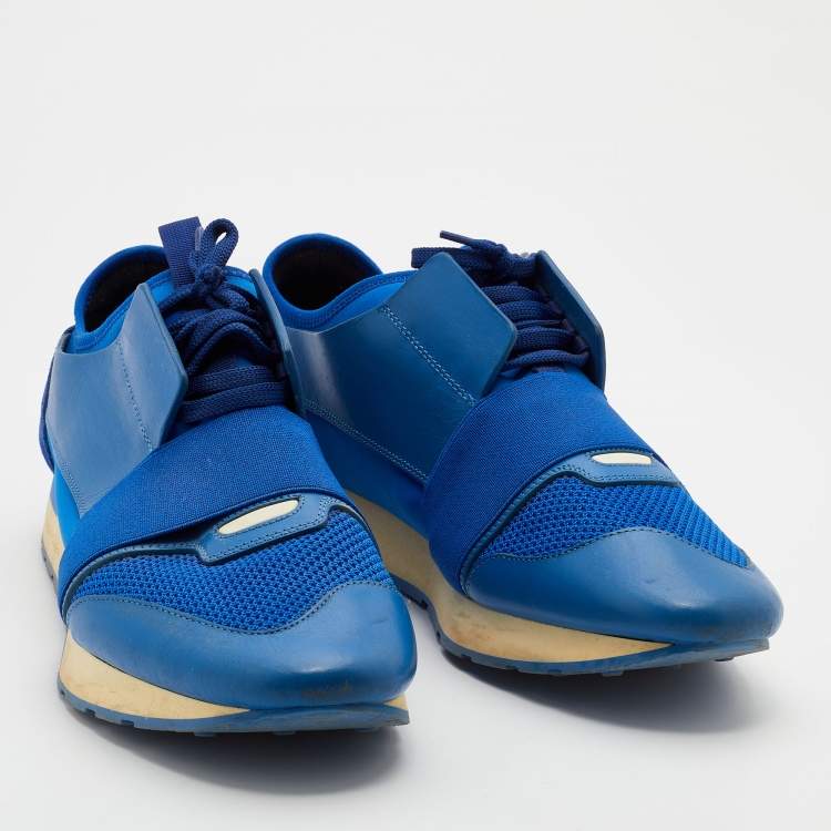 Pre Owned Balenciaga Blue Mesh And Leather Race Runner Low Top Sneakers Size 44